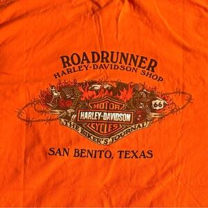 Rare 2007 Harley Davidson Orange Tee Roadrunner San Benito TX Graphic Shirt 2XL